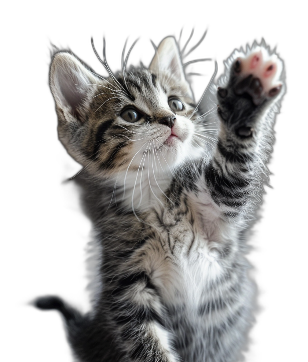 A playful kitten reaching up with its paw against a black background, in the photorealistic style of high resolution photography.