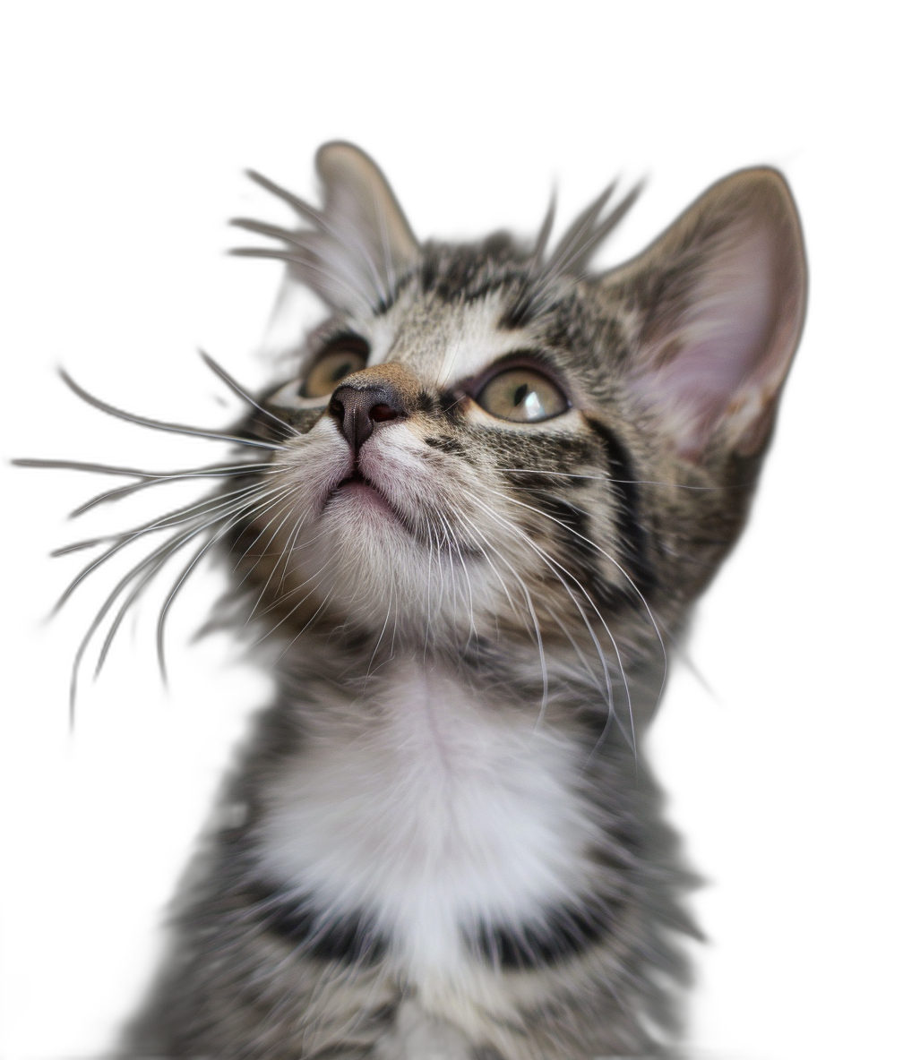 A portrait of an adorable kitten looking up against a black background, in the style of high definition photography.