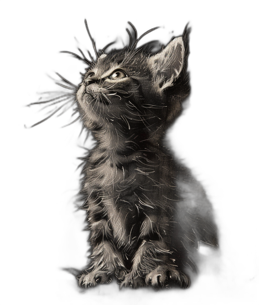 A cute kitten, with delicate hair and fur texture, delicate details, standing on its hind legs, looking up at the sky with big eyes shining in soft light, on a black background, in the style of a charcoal drawing with fine strokes, high contrast lighting, a symmetrical composition, a natural environment, warm tones, creating a dreamy atmosphere.