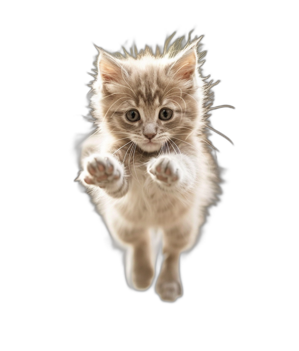 A cute little kitten floating in the air, with its four paws raised and looking at you on a black background, in a full body shot, photographed from bottom to top, with high definition photography and super details in soft light.