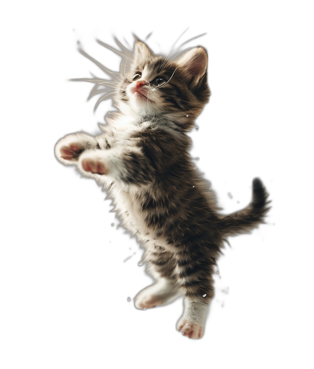 A cute kitten jumps in the air, black background, hyperrealistic photo style