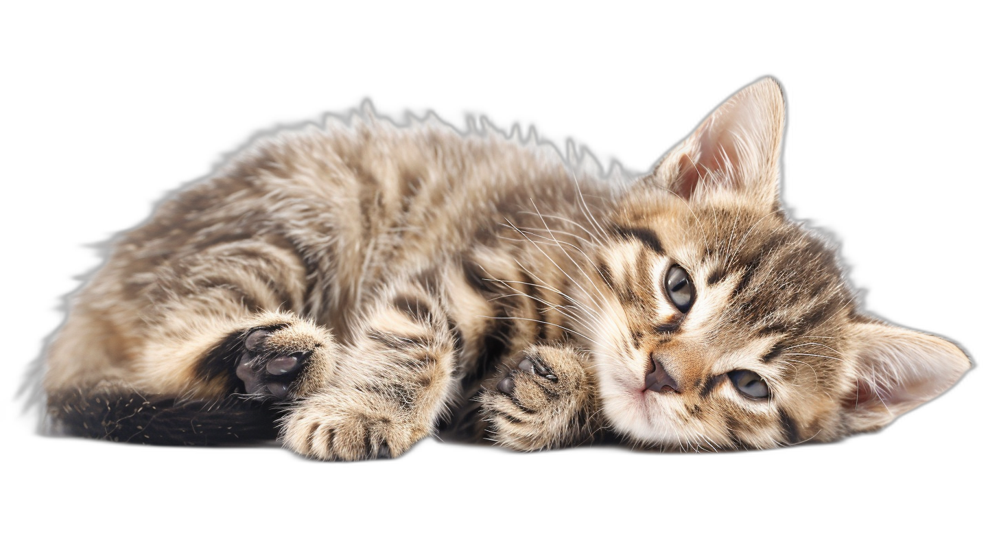 Cute tabby kitten lying on its back isolated black background. High quality photo, high resolution, super detailed