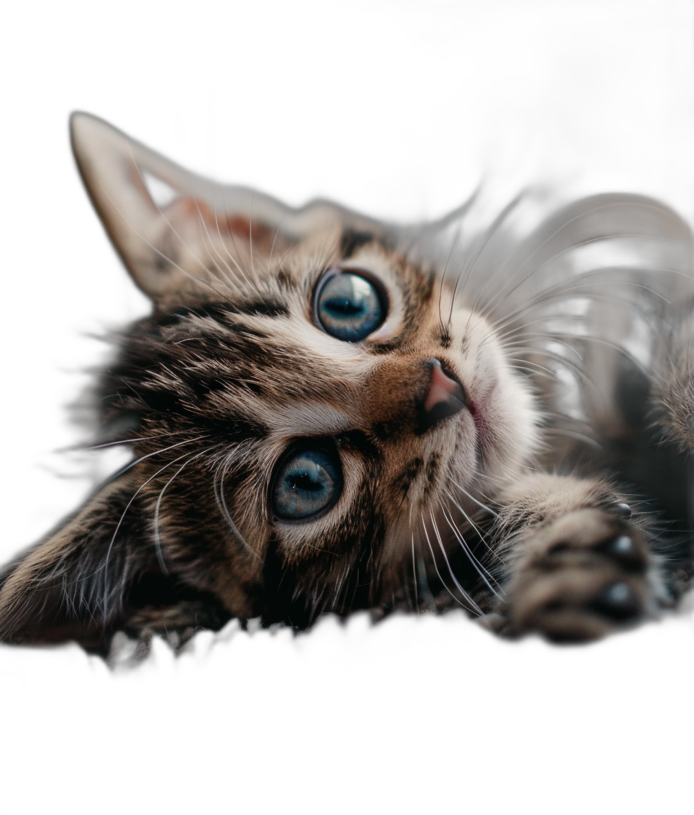 A playful kitten with blue eyes lying on its back against a black background, in the style of hyperrealistic macro photography at high resolution.