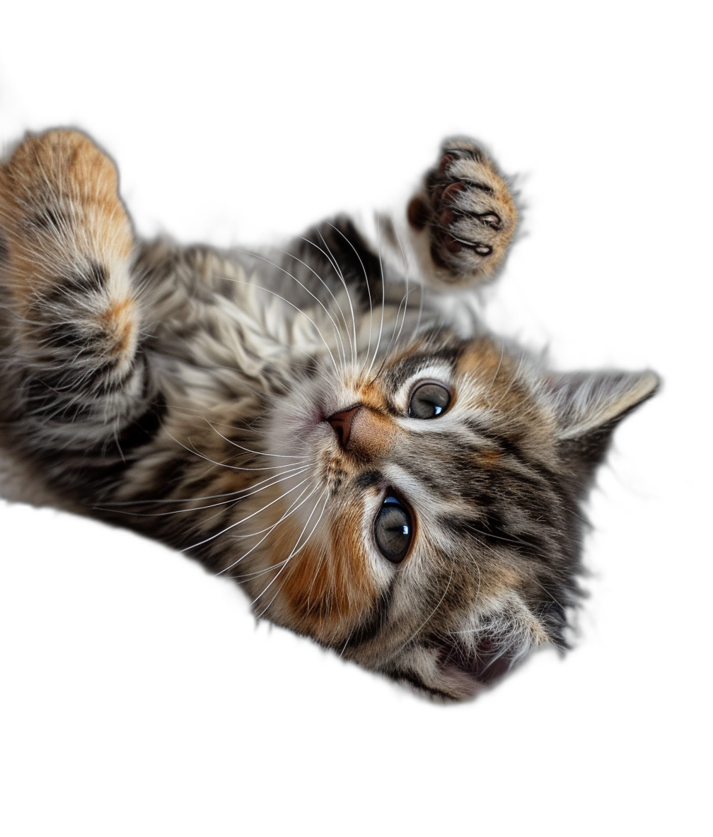 photo of a playful kitten laying on its back with paws in the air looking up at the camera isolated against a black background in high definition high resolution