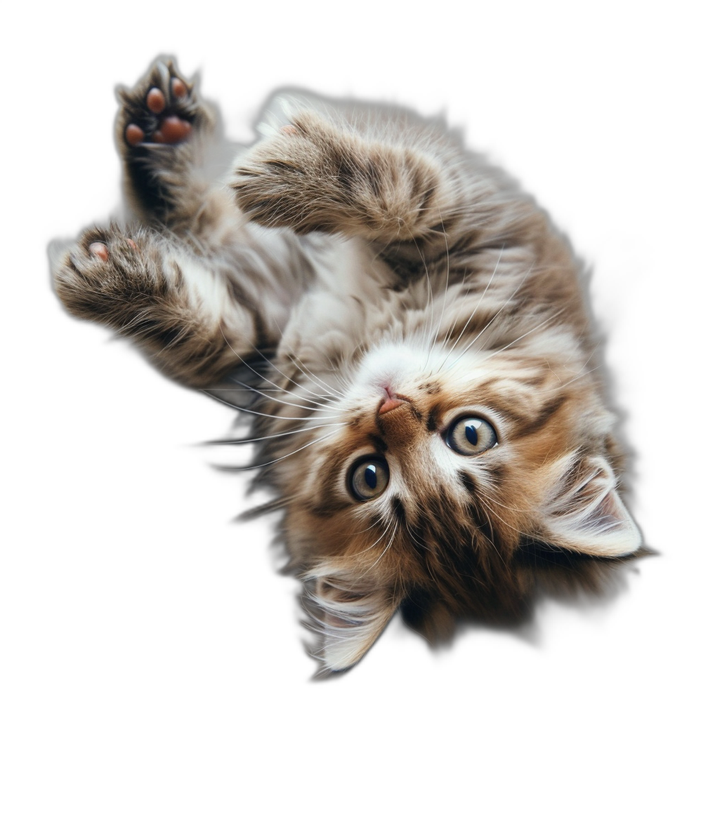 Cute fluffy kitten playing upside down on a black background in a detailed photo.