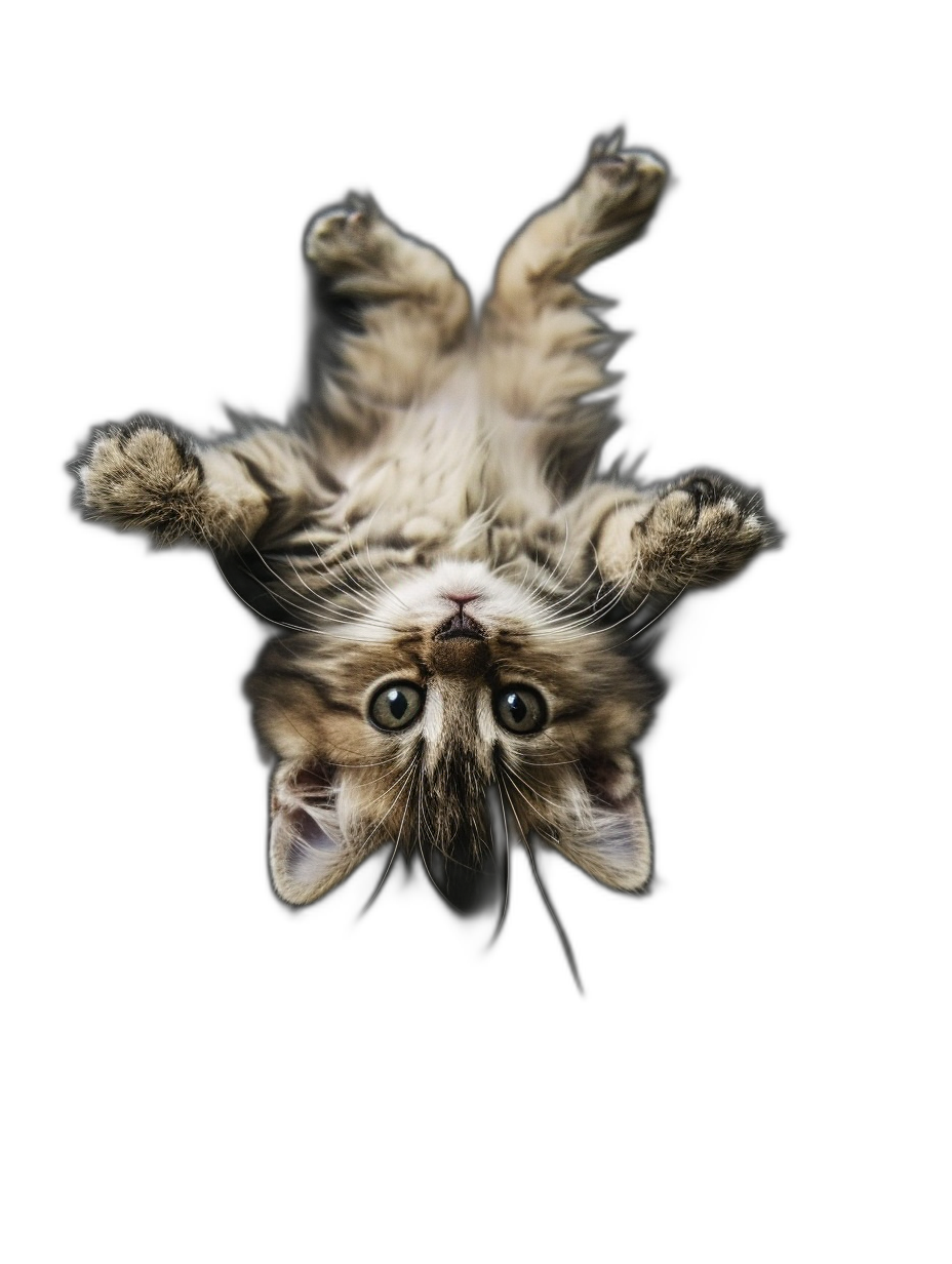 A cute kitten floating upside down in the air, full body, isolated on a black background, in the style of high definition photography.