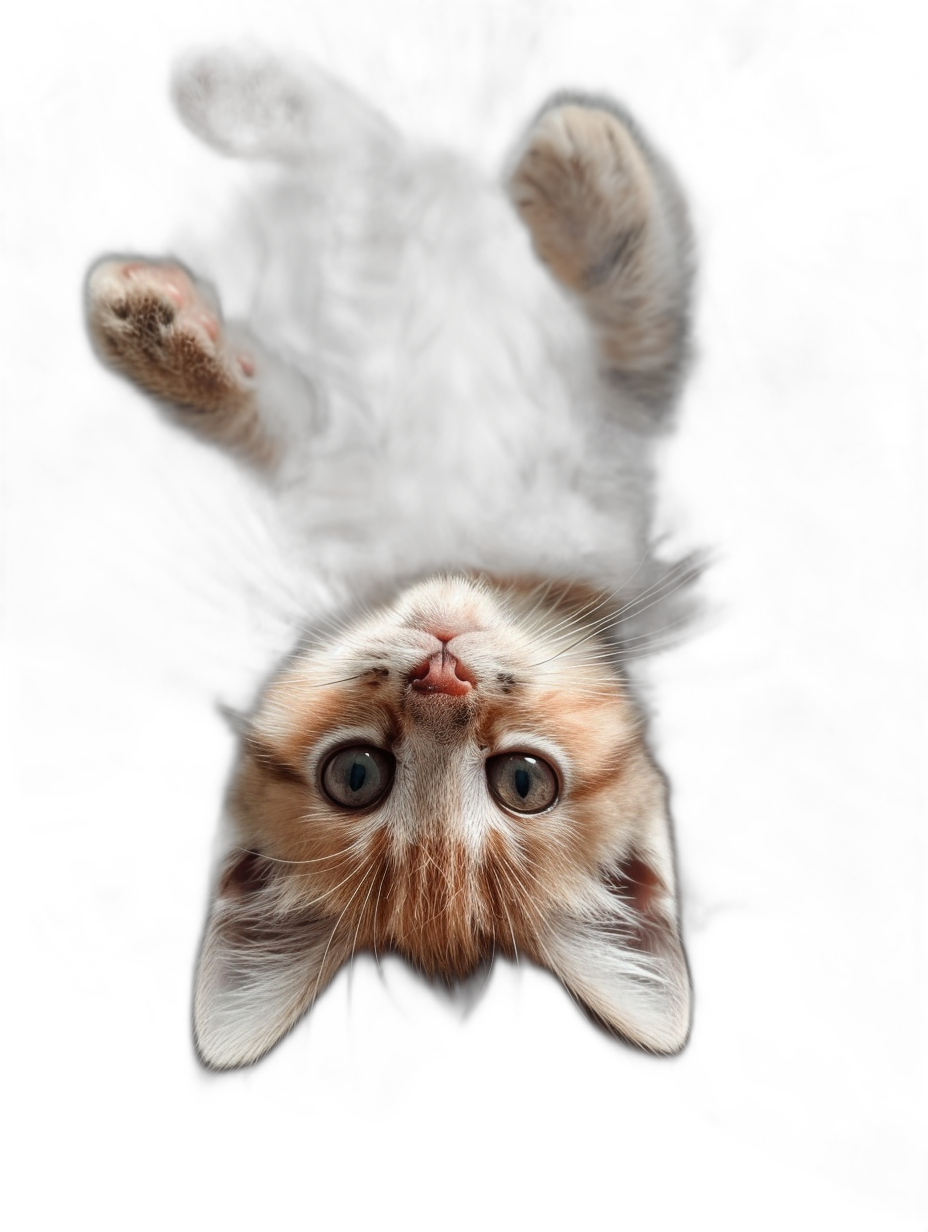 upside down kitten, floating in air, isolated on black background, professional photography, full length portrait