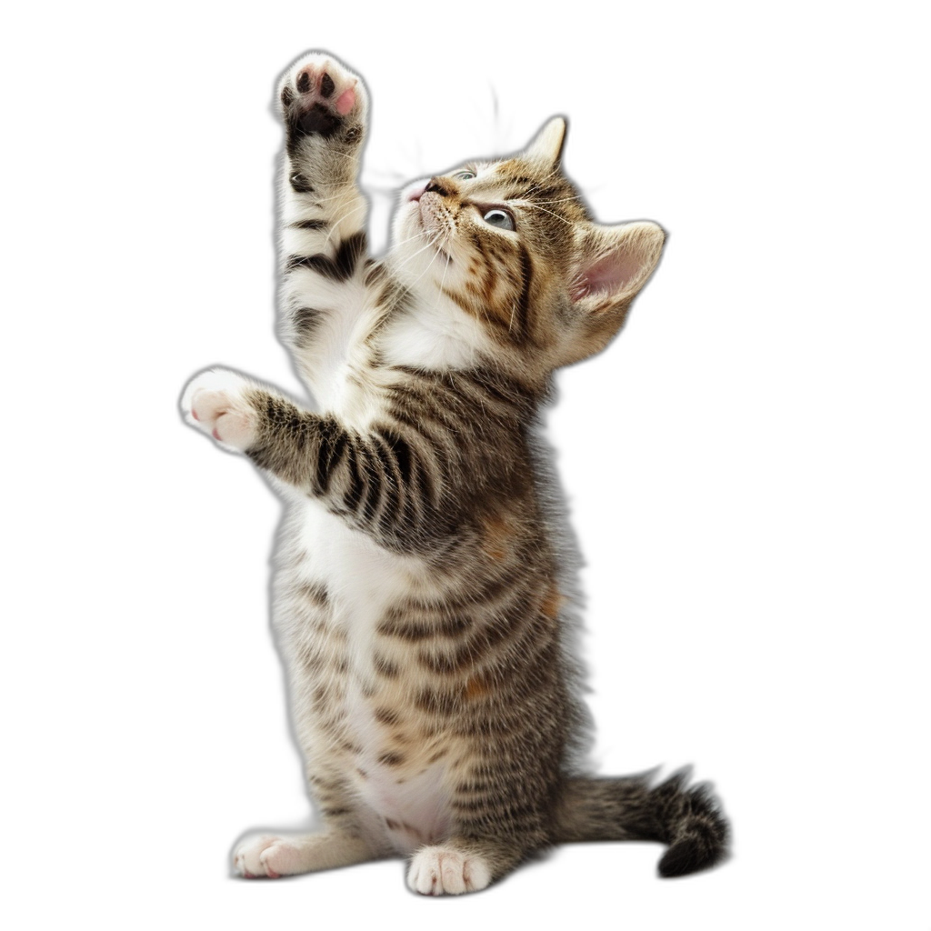 A playful kitten standing on its hind legs, playfully waving with one paw on an isolated black background in the style of unknown artist.