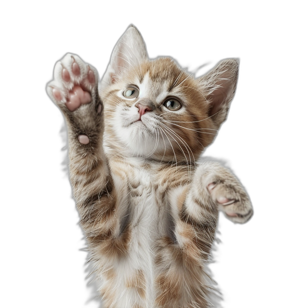 Cute kitten standing on its hind legs and reaching out with its front paws to touch the screen against a black isolated background, photographed in a photorealistic studio style.