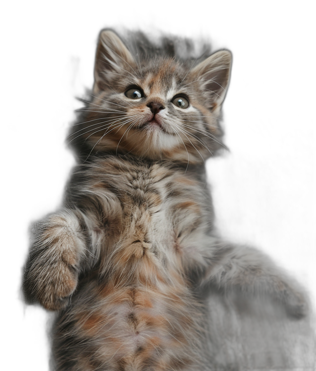 A playful kitten with its front paws raised, on a black background, a cute and fluffy cat in a full body shot, rendered in a photorealistic style with intricate details, high resolution and high detail, with studio lighting and depth of field resembling professional photography, in focus with natural light and natural colors in the style of photorealism.