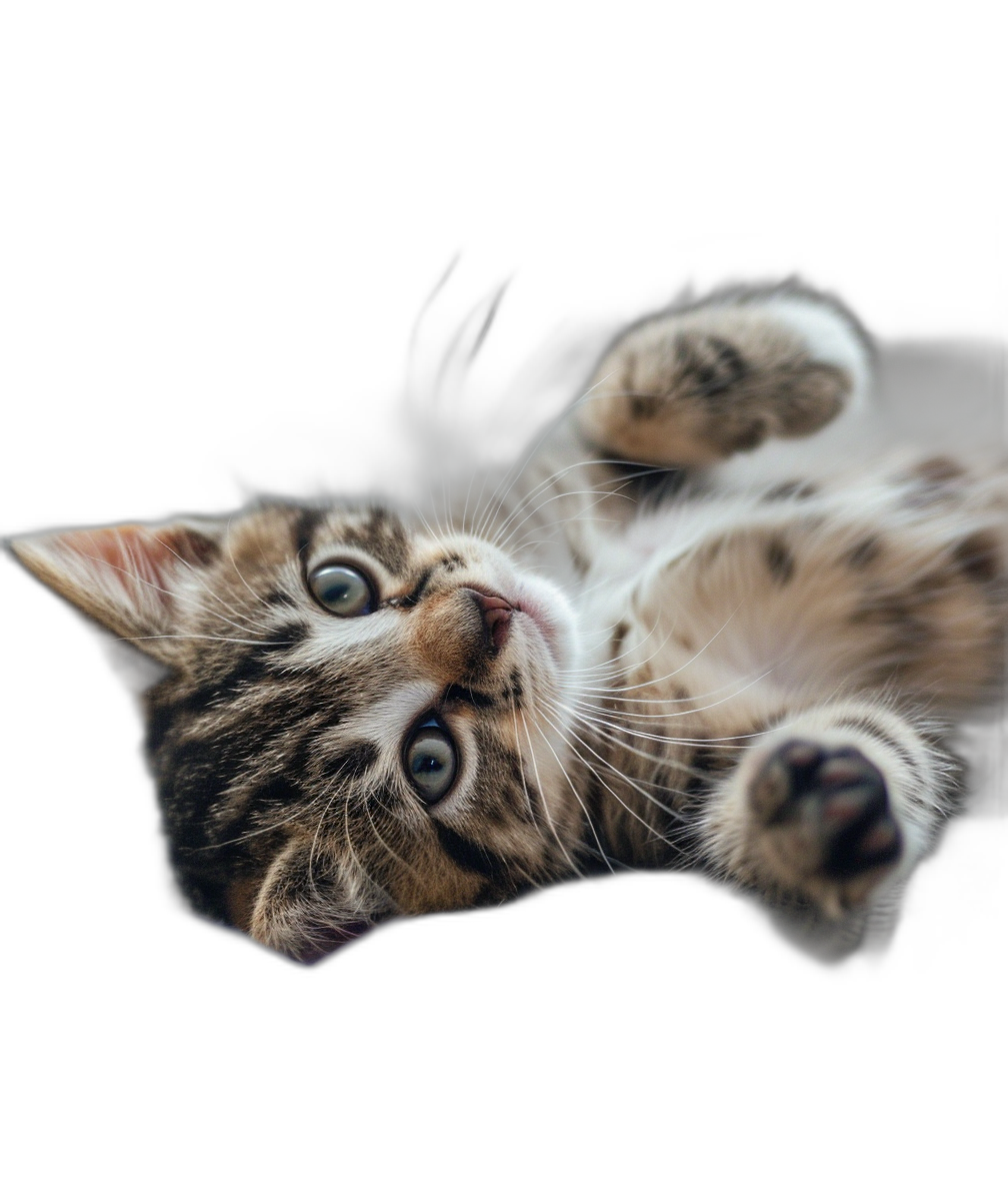 A cute kitten lying on its back, playing with its paws above its head, looking up at me in front of a black background, in the style of photo style, macro photography, with super detail, quality, resolution, and professional lighting.