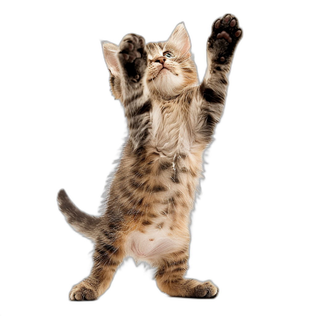 A full body photo of an adorable kitten standing on its hind legs, with paws raised up in the air like it is doing yoga or playfully jumping, isolated against a black background, in the style of studio photography, realistic.