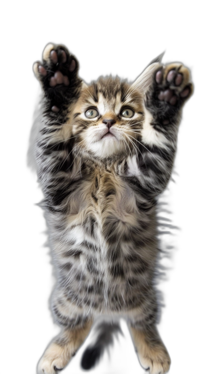 A cute baby cat is jumping in the air, with its front paws raised and looking at you on a black background, in the style of a detailed photography.