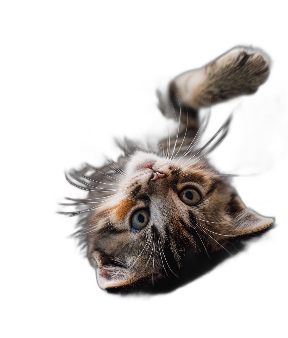 A playful kitten, upside down with its back feet in the air and eyes looking up at the camera, isolated on a black background, in the style of high definition photography.