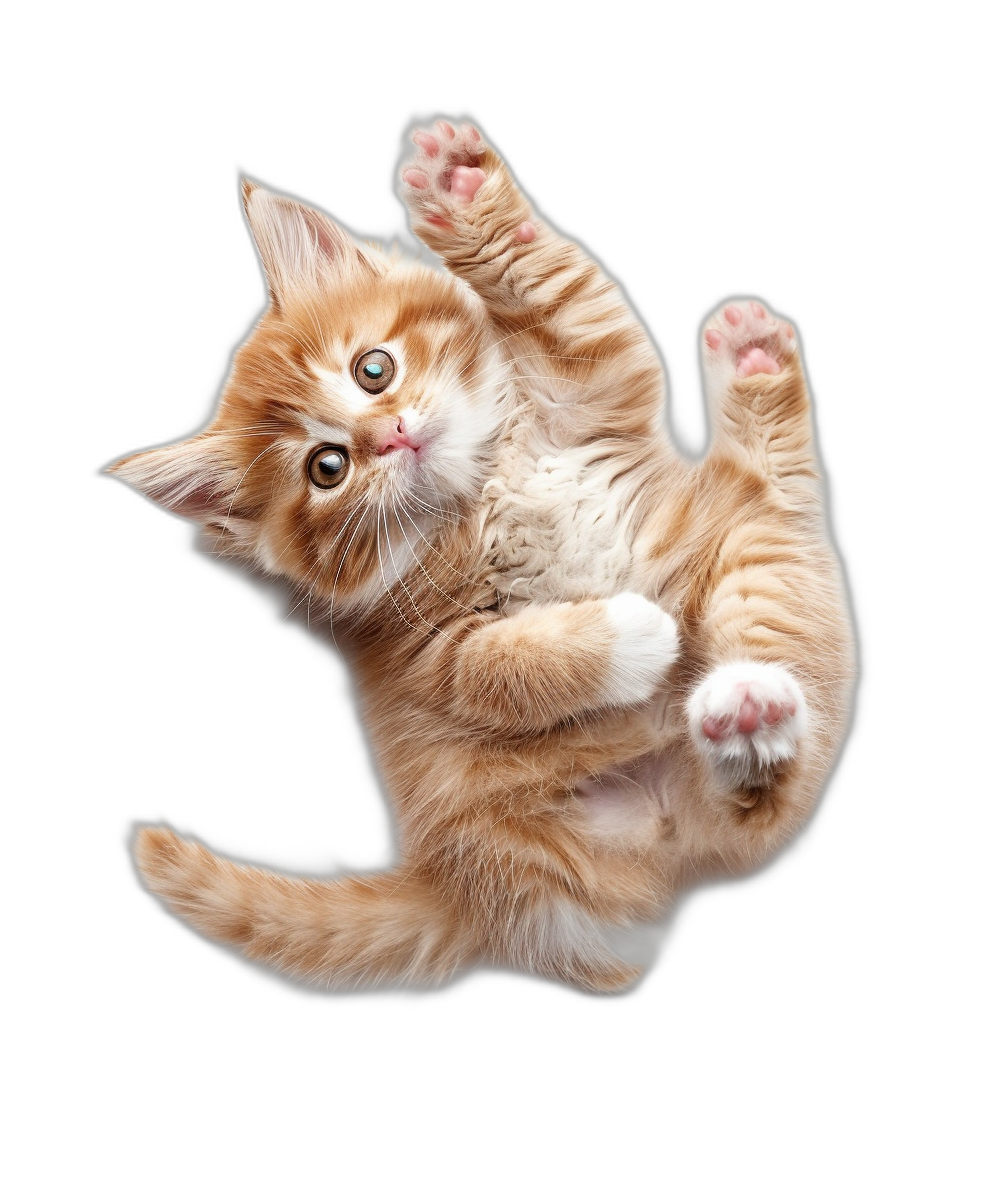 A playful ginger kitten, upside down with its paws up in the air, isolated on black background, photorealistic portrait photography