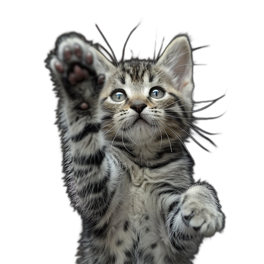 A cute kitten standing on its hind legs, raising one paw with its palm facing upwards towards the camera, on an isolated black background, in the style of professional photography.