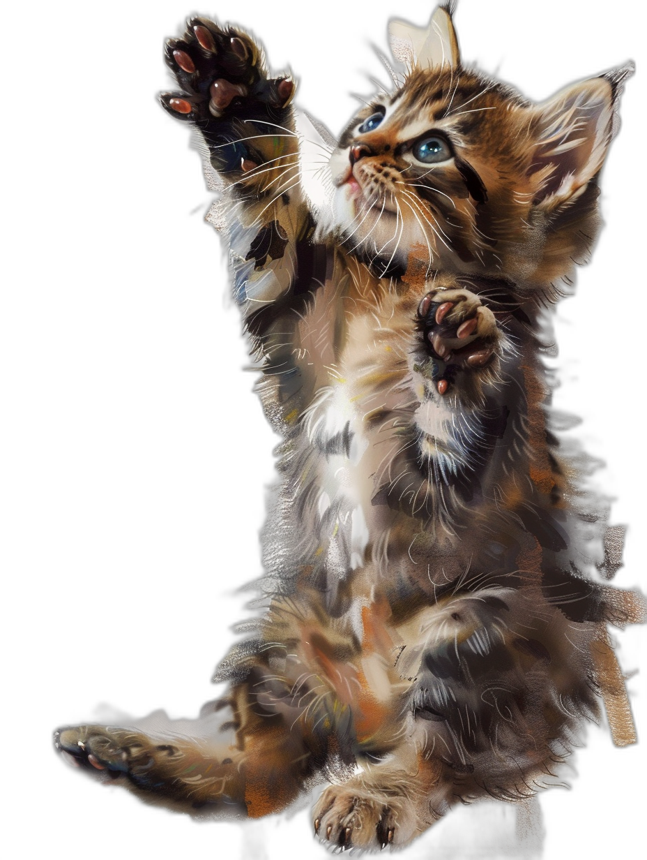 Beautiful digital painting of an adorable kitten with paws raised in the air, full body shot, isolated on a black background, hyper realistic oil paint illustration in the style of, high resolution