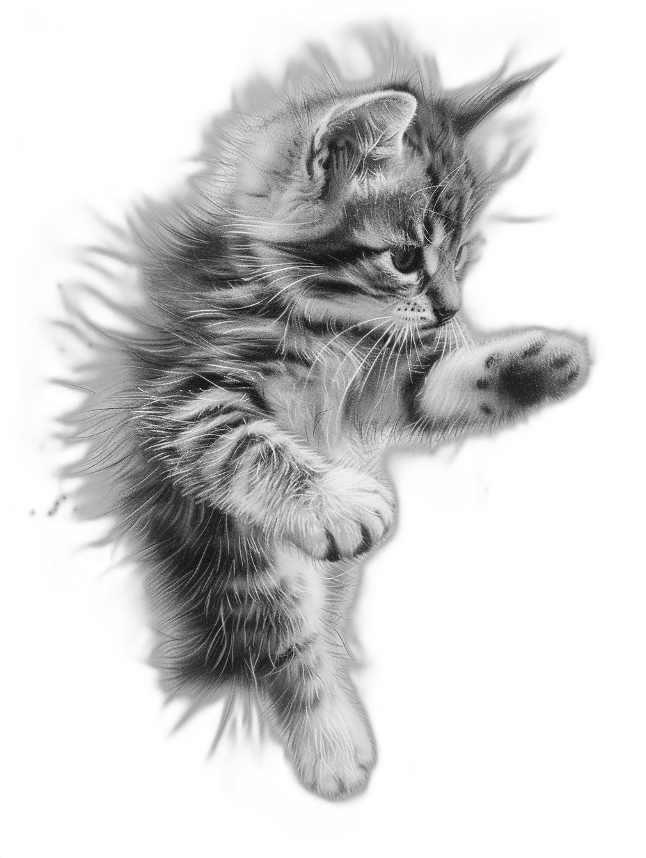 black and white photo of a kitten doing a backflip with a double exposure effect against a solid black background with high contrast and dramatic lighting in a dynamic pose showing detailed fur texture and a soft glow in monochrome with high resolution and high quality in the style of professional photography with depth of field and sharp focus as if in a studio with light for an elegant image.