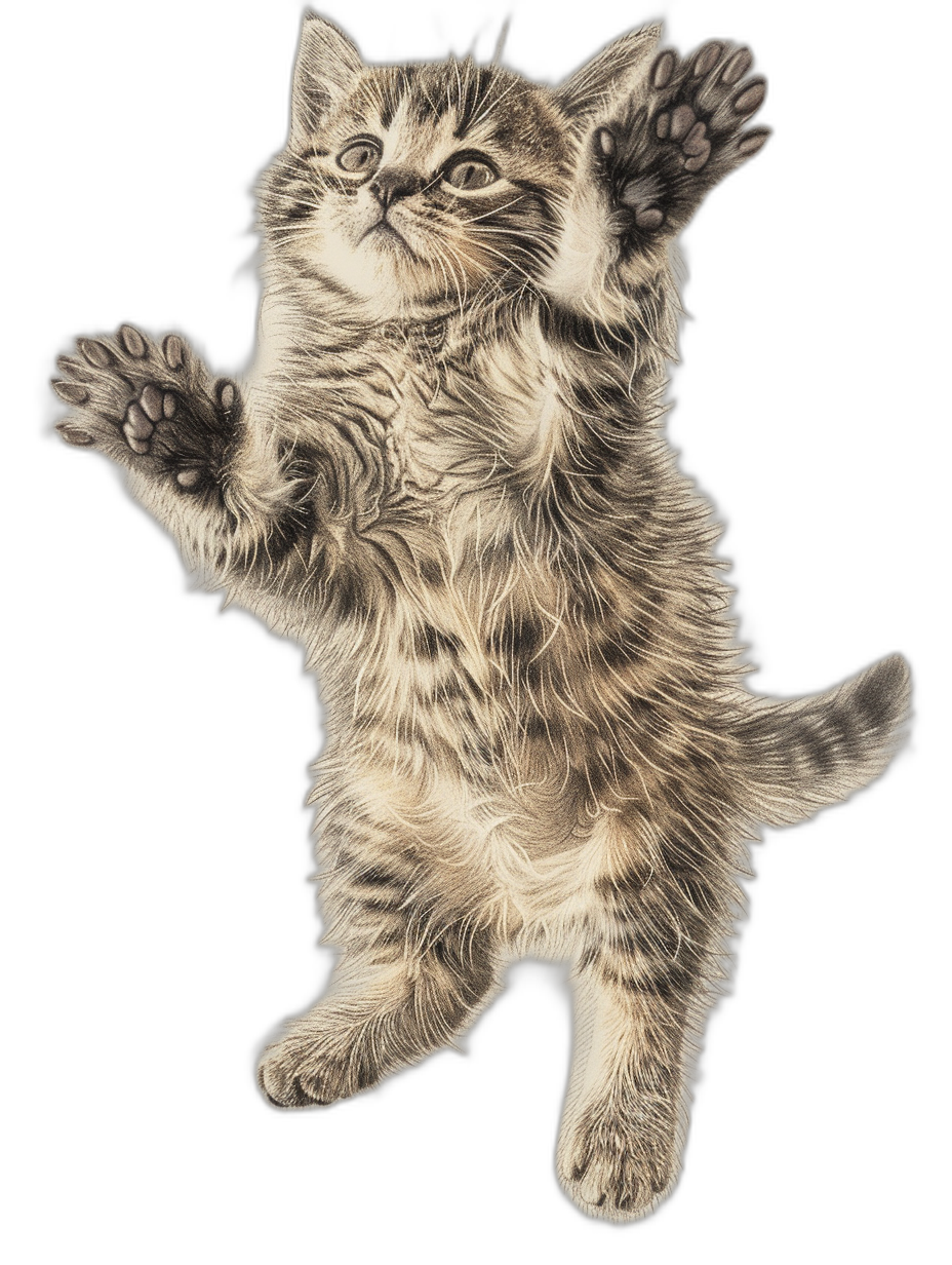 A full body shot of a happily smiling, very cute kitten doing a high five pose, with its front paws up in the air, in the style of color pencil on a black background.