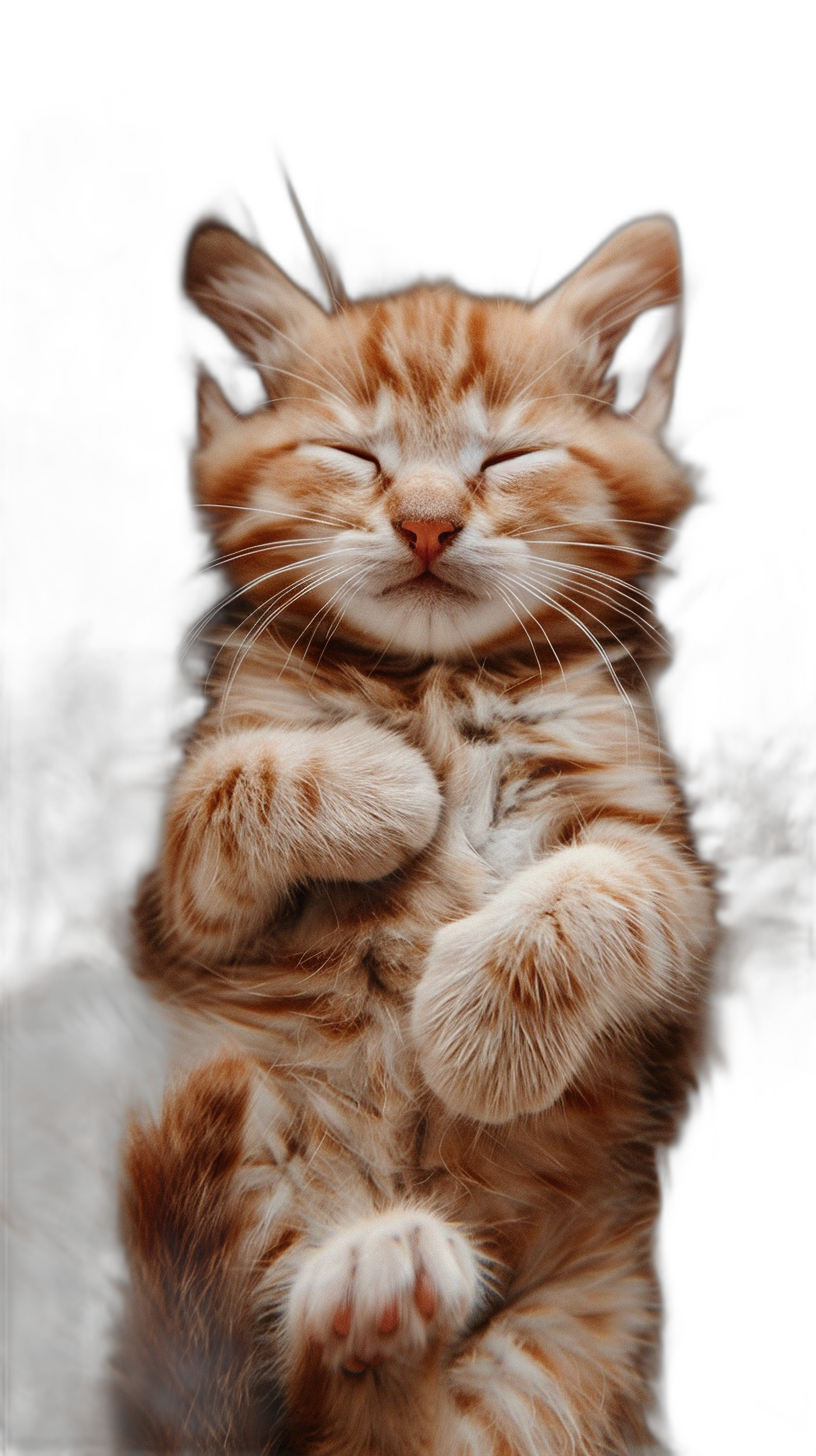 Cute orange cat, cute expression, white paws on chest and feet, eyes closed, happy smiling face, playing with hands above head in air, black background, high definition photography