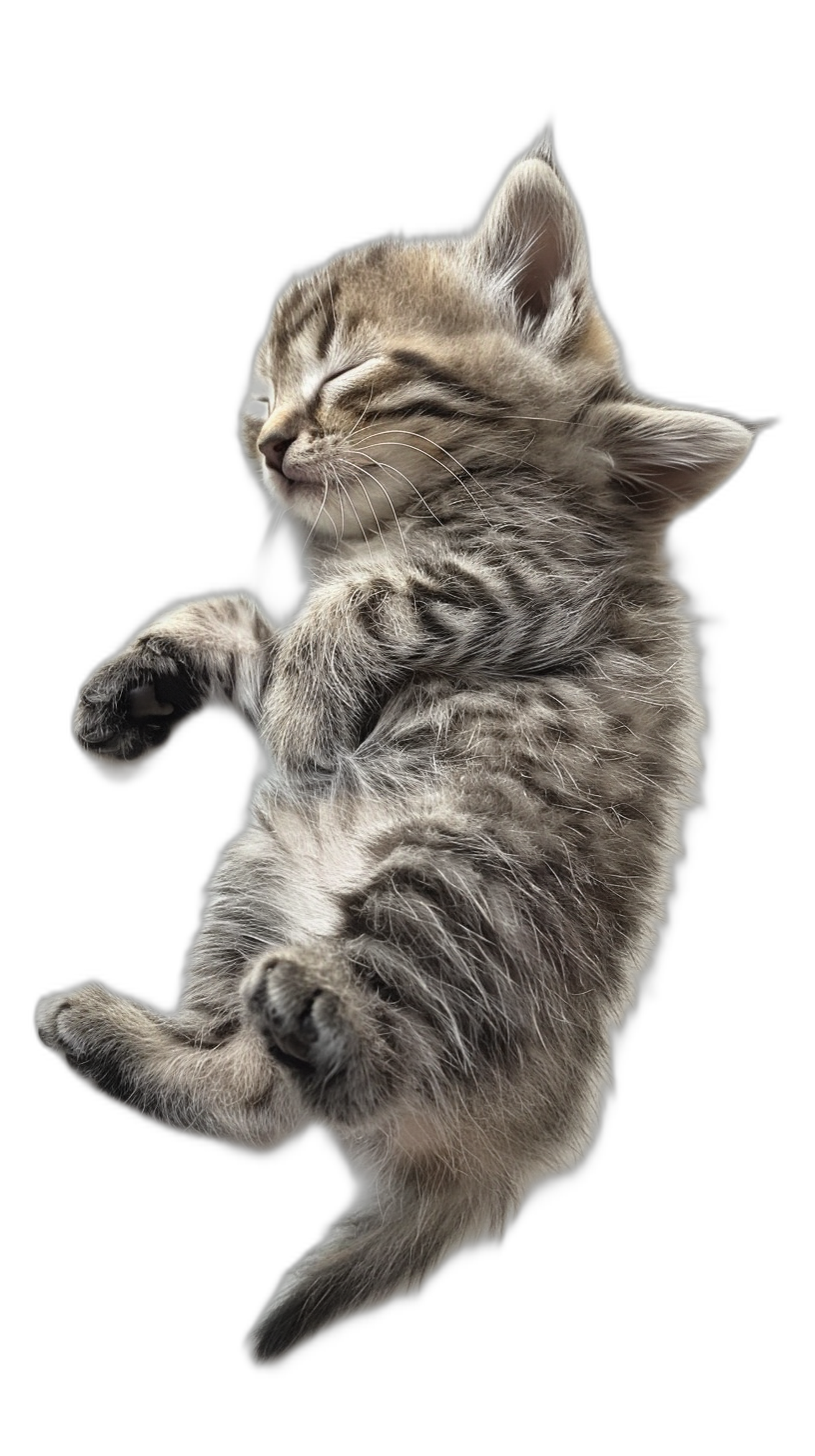 Cute kitten sleeping and flying in the air against a black background in the style of photography with high definition details.