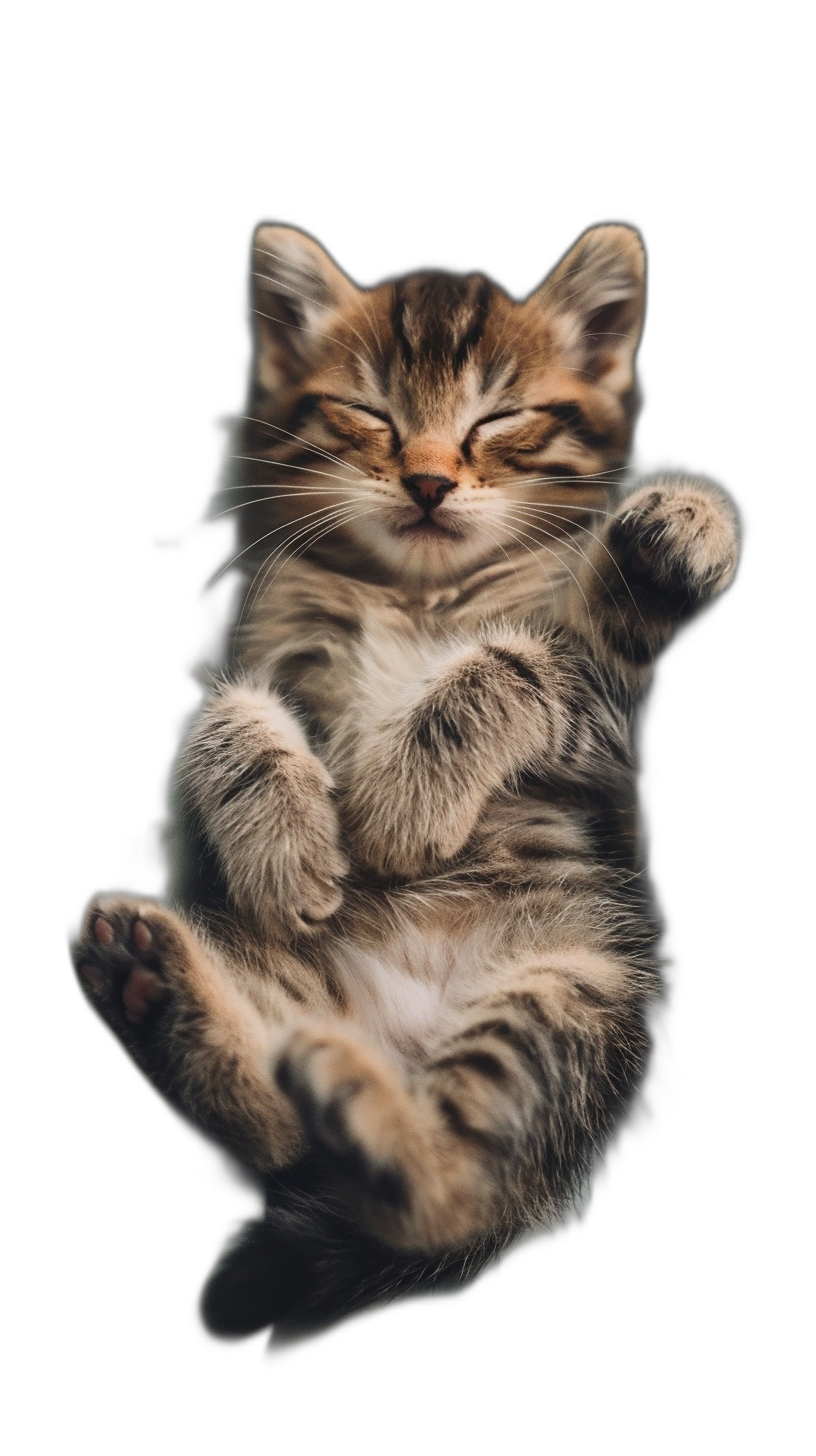 A cute kitten sleeping in the air, floating, with a smiling expression, against a black background, shown from the front, in the style of hyperrealistic photography, with high definition photography.