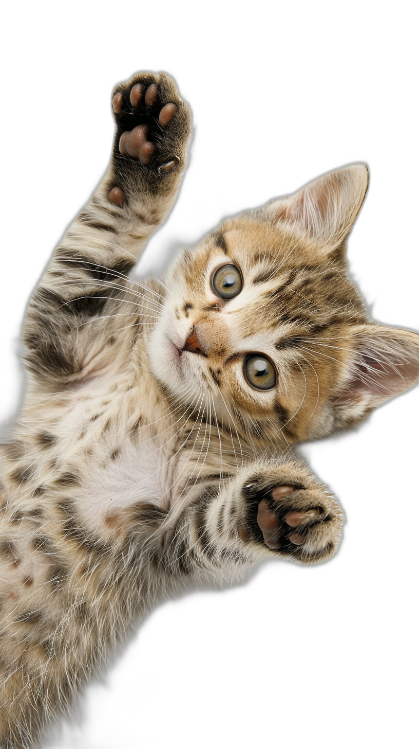 A playful kitten with its paws raised in the air, isolated on black background, high resolution photo