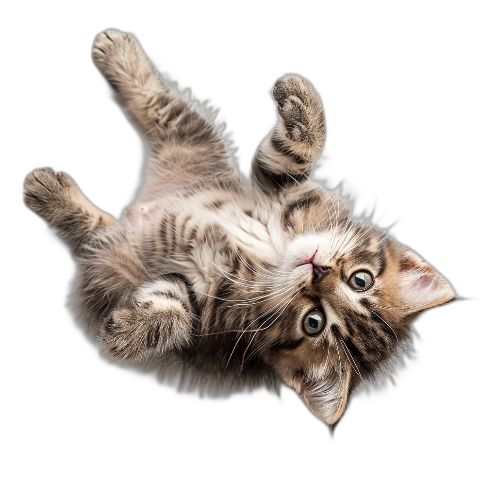 a cute kitten is flying upside down, view from above, isolated on black background, photography, high detail