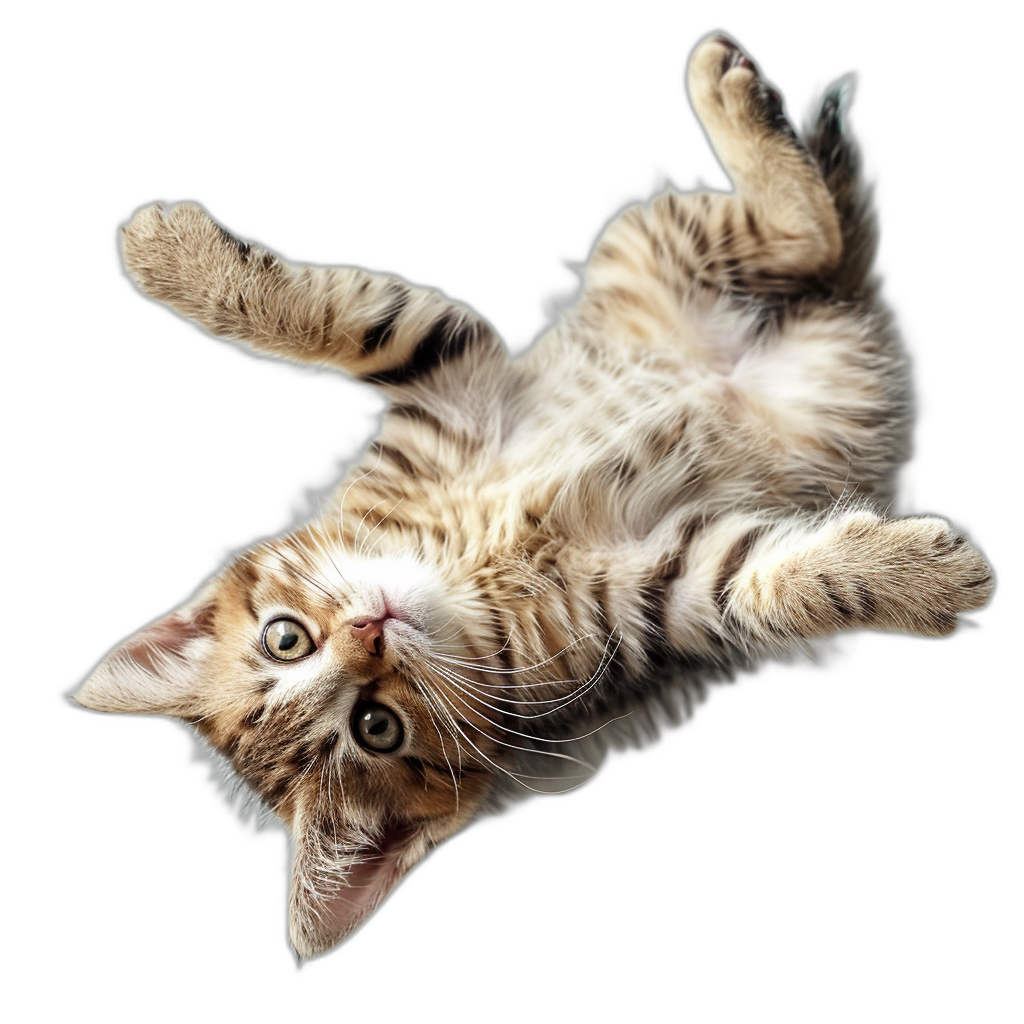 a playful kitten, floating upside down in the air, black background, photorealistic, top view