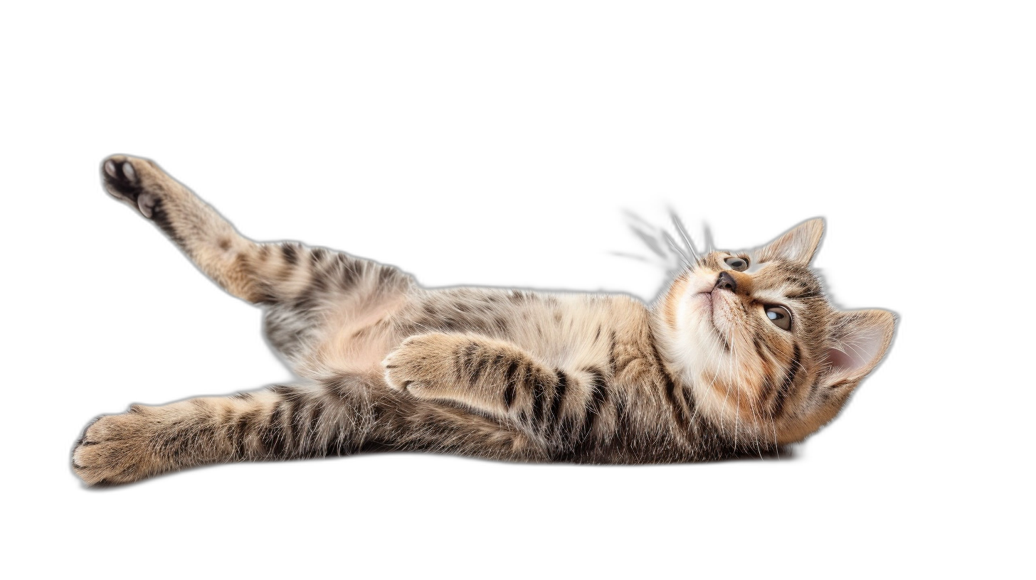 A playful cat lying on its back, legs up in the air against an isolated black background in a high resolution photograph.