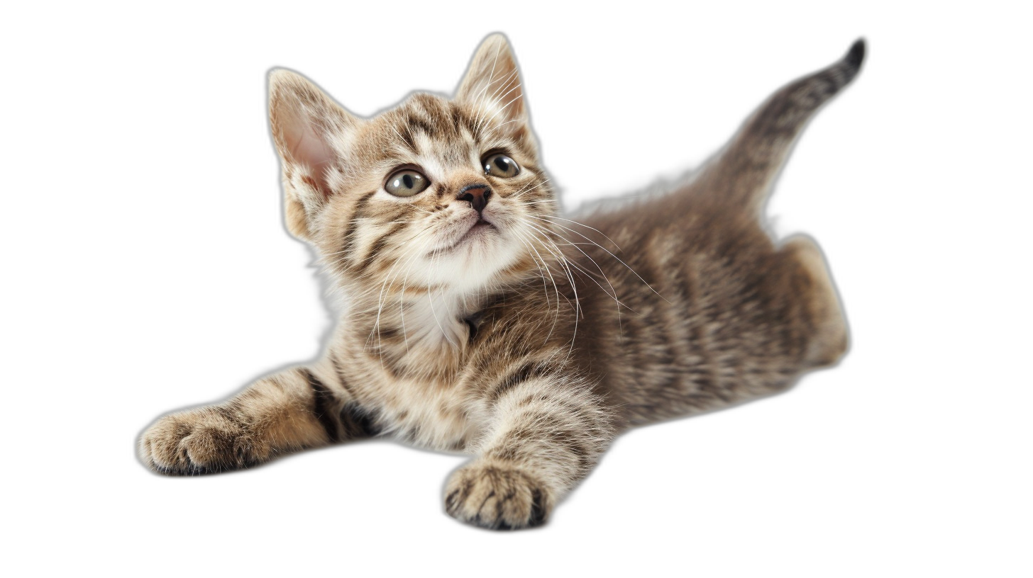 Cute kitten playing on a black background, shown from above in a full-body view, flying through the air, with high definition photography in the style of hyperrealistic and sharp focus.