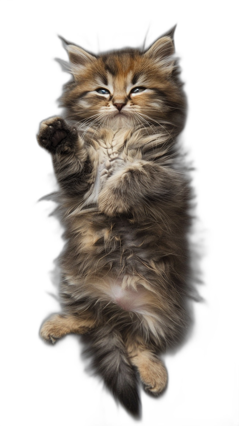 A fluffy kitten floating in the air, holding its paws up high against a black background in the style of hyperrealistic photography with a full body shot from the front view.