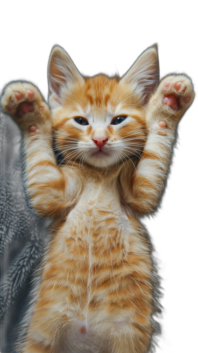 Cute orange cat, holding up two paws to the sky with its back against it, pure black background, real photography style, cute pet wallpaper, full body shot, cute and happy expression, high definition details.