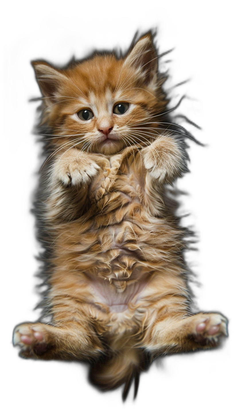 photorealistic full body shot of cute ginger kitten, floating in the air on black background, holding his paws up with both hands and showing them to camera, looking at viewer,