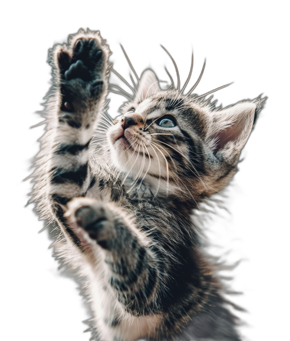 A cute kitten is reaching up with its front paws, shot from the side, on black background, soft light, portrait photography, closeup shot, hyperrealistic, high resolution