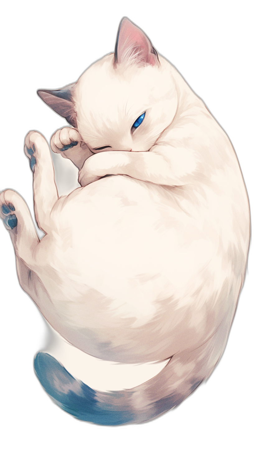 A white cat with blue eyes curled up sleeping, cute, in the style of anime, black background, vector art, full body portrait, digital painting, watercolor, high resolution