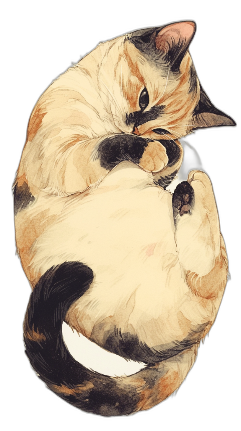 A full-bodied, cartoonish calico cat curled up sleeping on its back with its tail wrapped around its neck, cute and adorable in the watercolor style of [Kestutis Kasparavicius](https://goo.gl/search?artist%20Kestutis%20Kasparavicius) and in the style of [Studio Ghibli](https://goo.gl/search?artist%20Studio%20Ghibli), isolated on a black background, clip art.