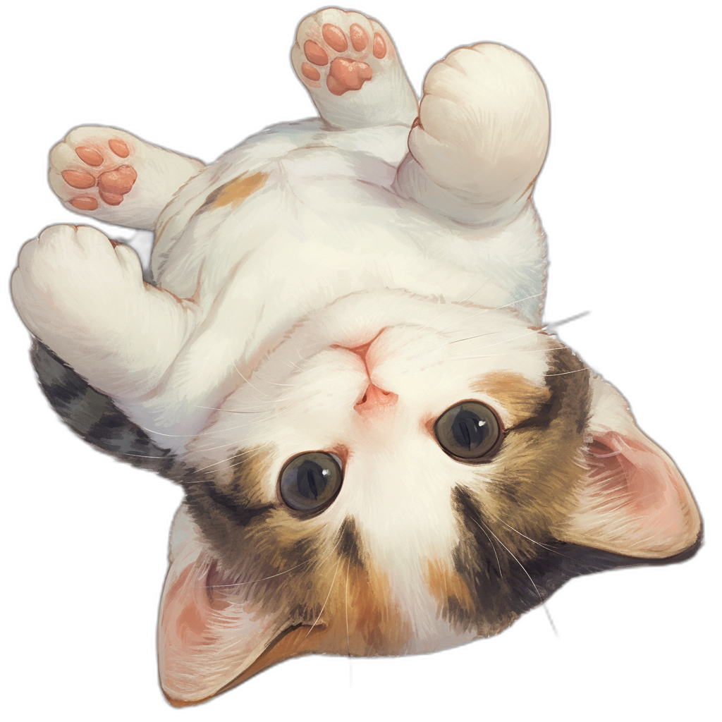 Cute white and brown kitten, top down view, laying on its back with paws in the air, digital painting in the style of cute anime, black background