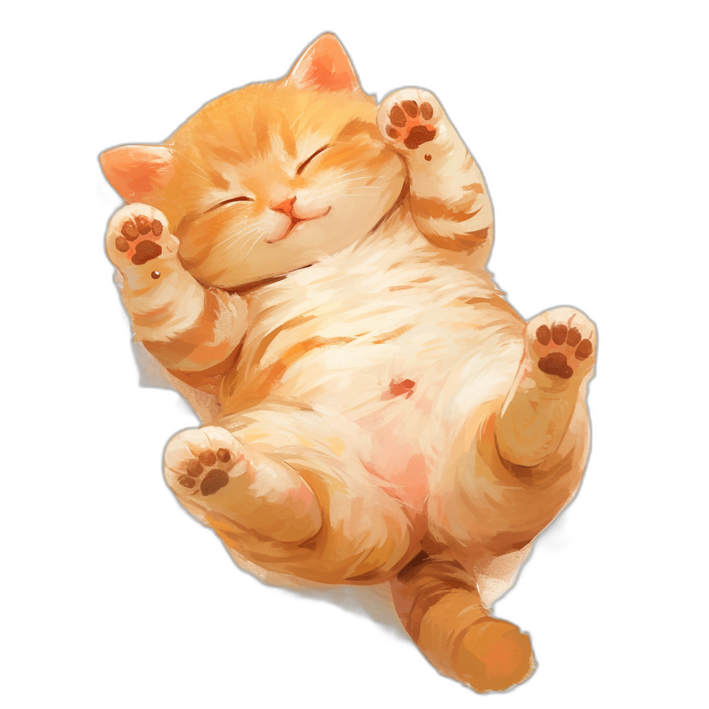 A cute fat orange cat lying on its back in the style of cartoon, vector art, simple art, 2d game design, black background, cute character design, fantasy art, sleeping pose, fluffy fur, playful posture, white paws raised up in the air, big belly, simple full body illustration, top view.