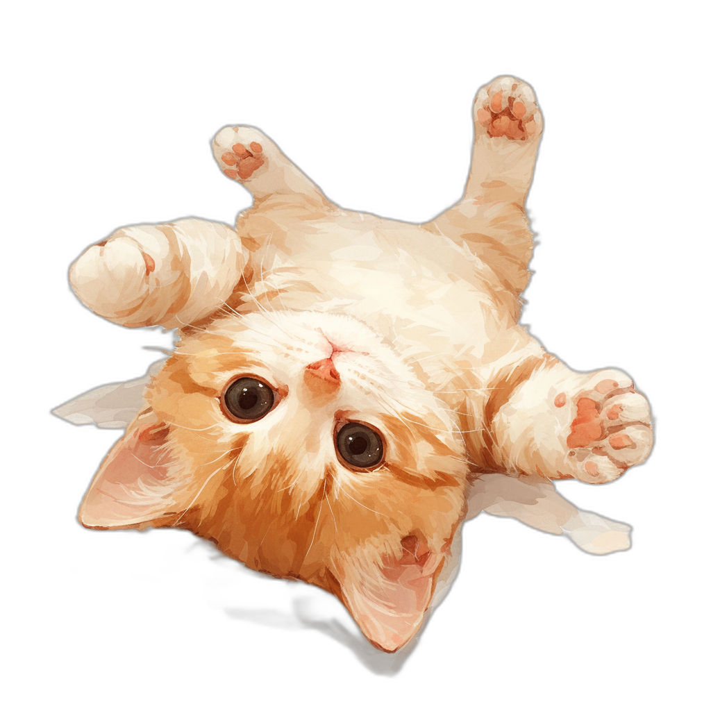 A cute orange cat lying on its back in the style of a cartoon, with simple brushstrokes, on a black background, from a top view, with high resolution and high quality, with a detailed rendering of the head and body, with a cute expression and white belly hair.