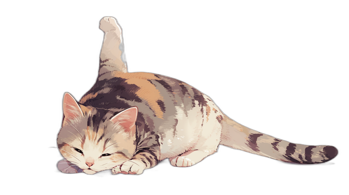 A playful American Shorthair cat, depicted in an isometric view, playfully chasing its tail on black background. The illustration style should be cute and colorful with soft lighting, focusing on the dynamic movement of both kitten’s body and tail., Isolated on pastel background