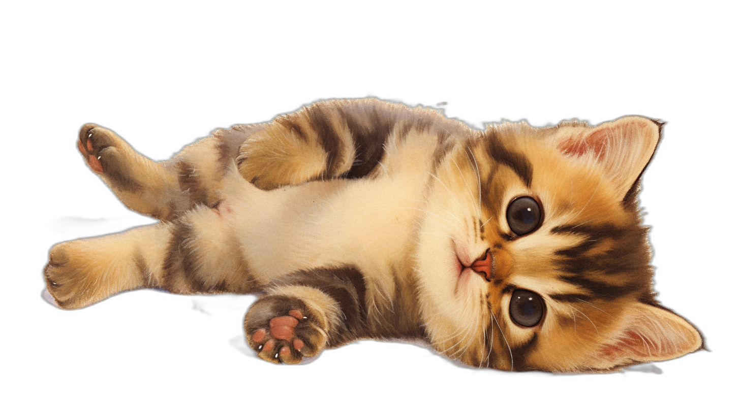 A cute kitten lying on its back, with an adorable expression, on a black background, in the style of illustration, with high definition details, in the style of illustration design.