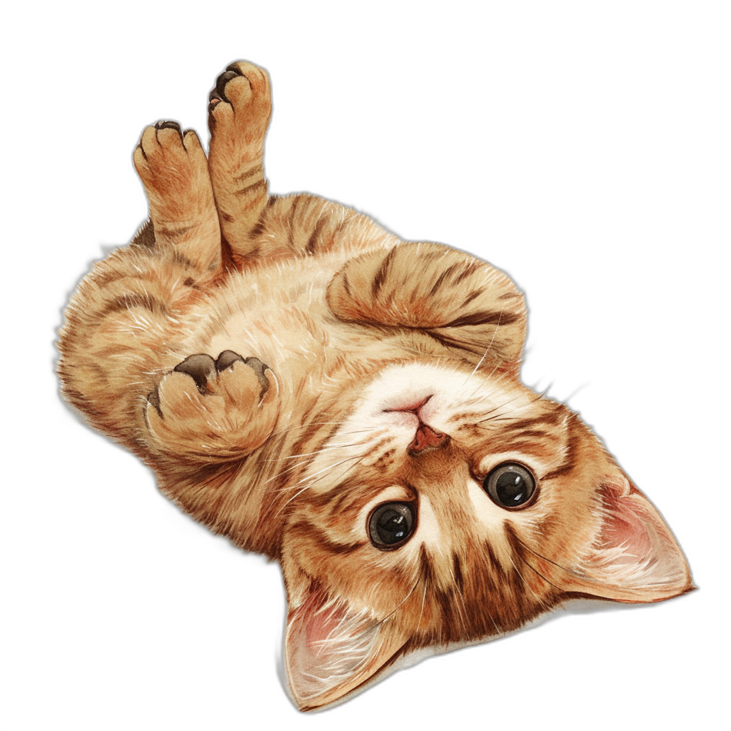 Cute cat, cartoon style, top view lying on its back with paws up, sticker, in the style of hyper realistic illustration, on black background, highly detailed