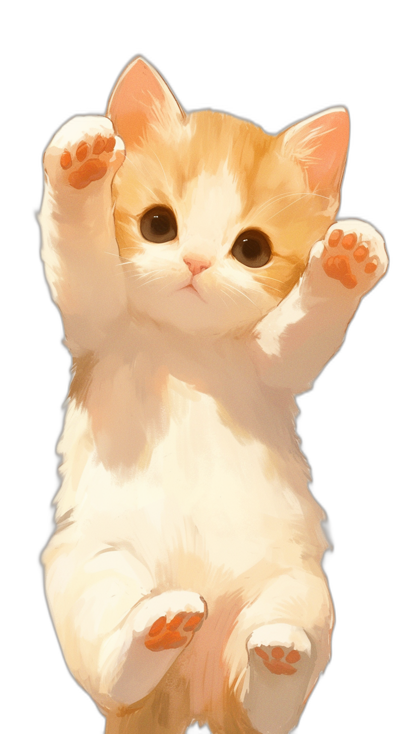 A cute cartoon orange and white kitten, hands up in the air, full body portrait against a pure black background in the style of anime, with oil painting strokes and delicate brushstrokes, with high detail, quality, resolution and definition.