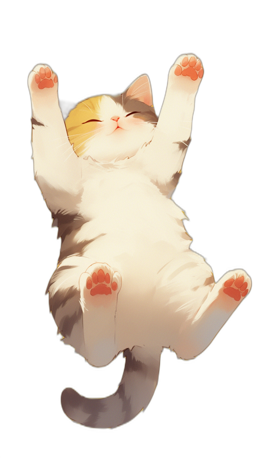 A white and yellow cat sleeping on its back floating in the air with paws spread out, smiling against a black background in the style of anime. Cute.