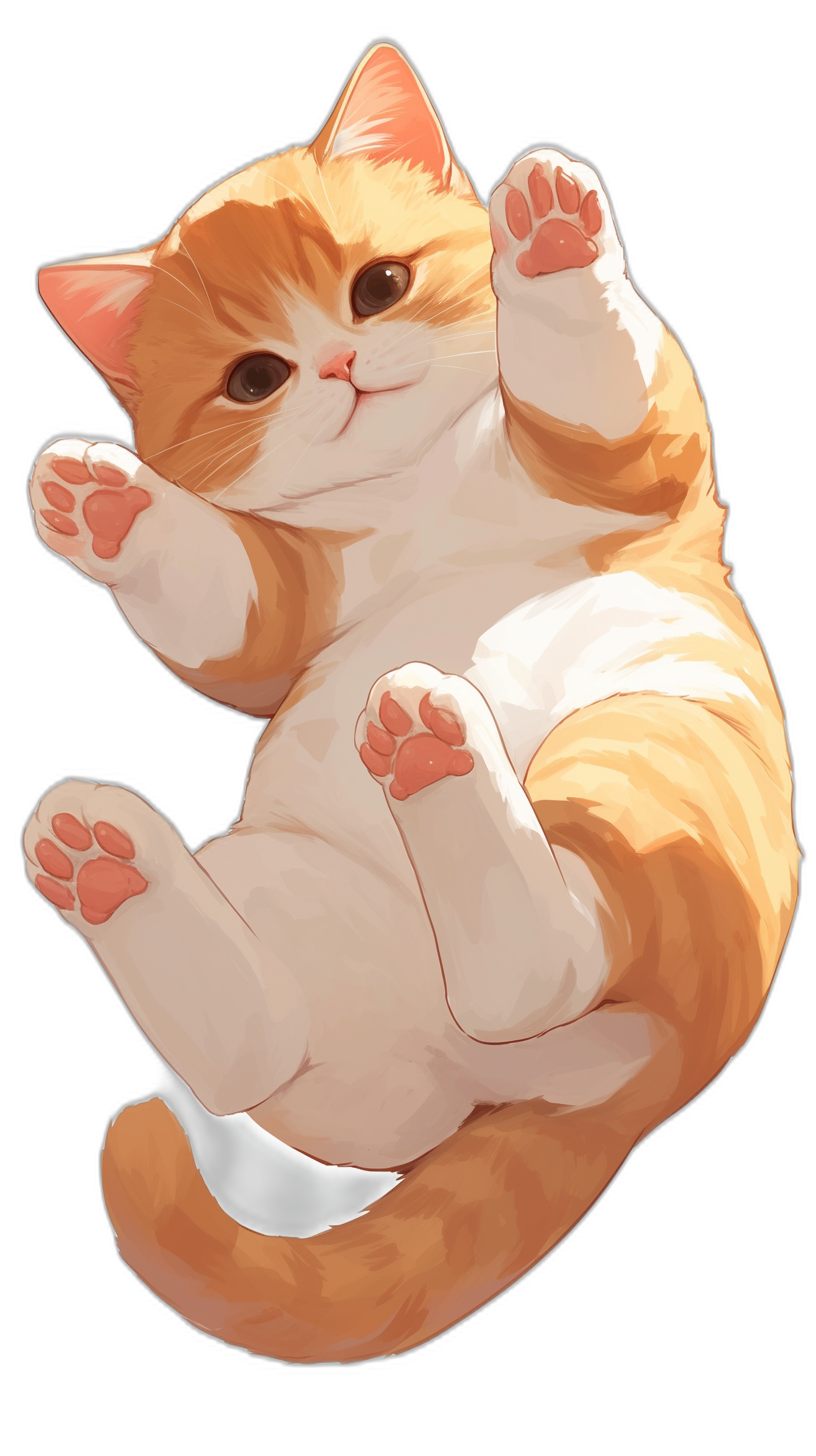 A cute orange and white cat, with a chubby body lying on its back and two paws raised in the air, in the style of anime, on a simple black background, with high resolution.