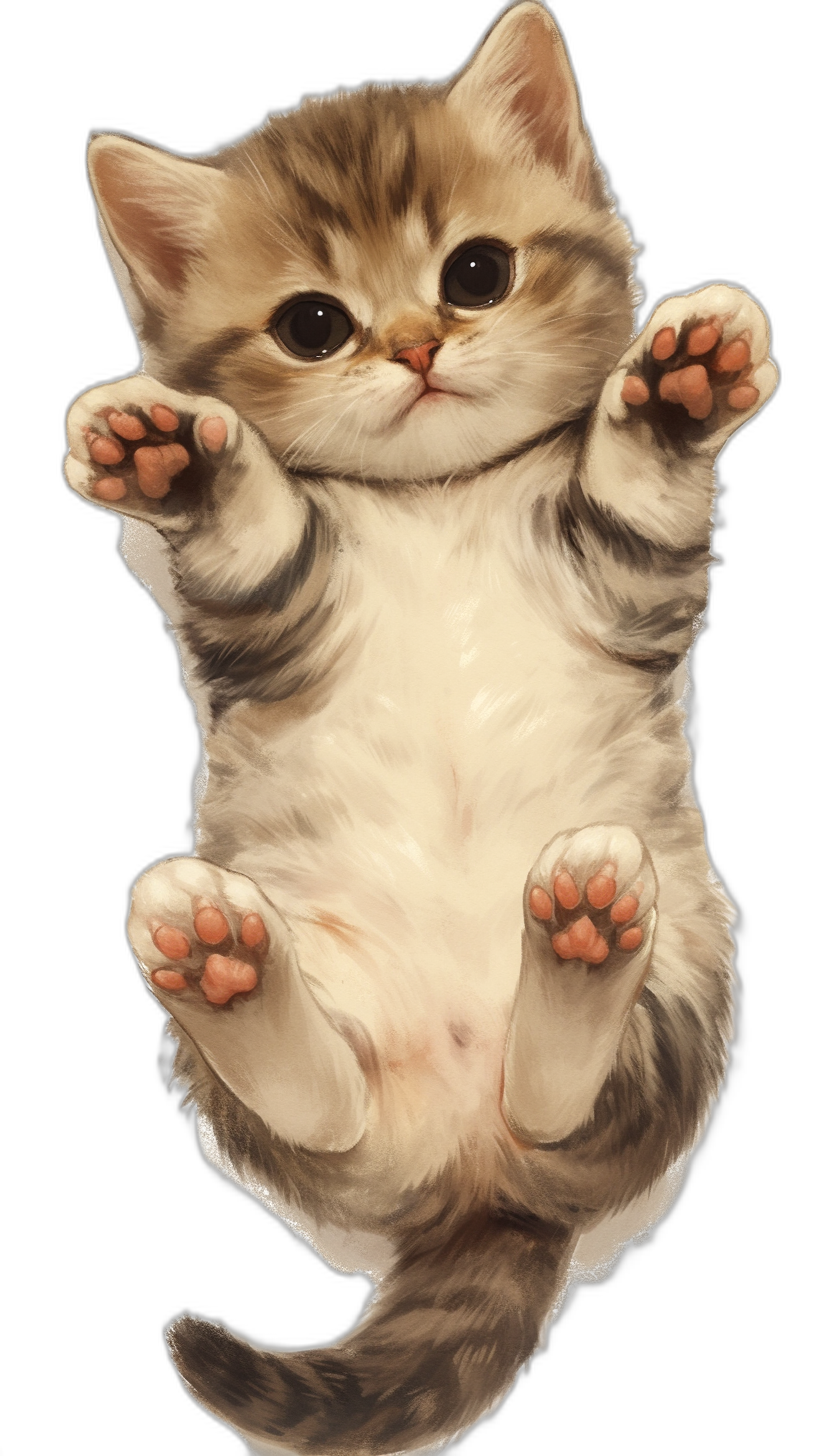 A cute cat, chubby body with big paws hanging upside down, sticker style, realism, black background, high detail