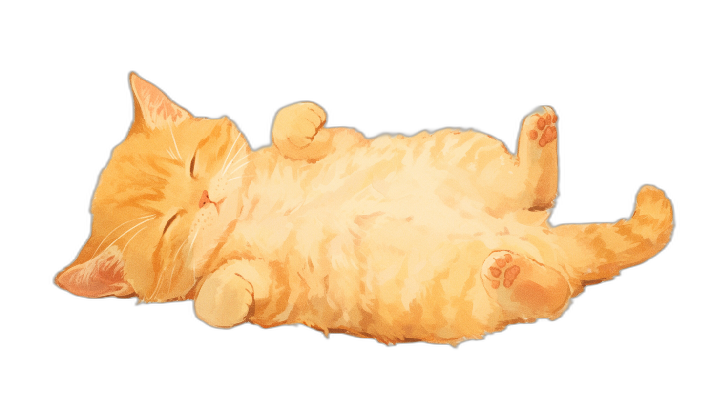 A cute orange cat is sleeping on its back in a top view. The digital art is in the style of a handdrawn illustration against a solid black background. The scene is cute and dreamy.