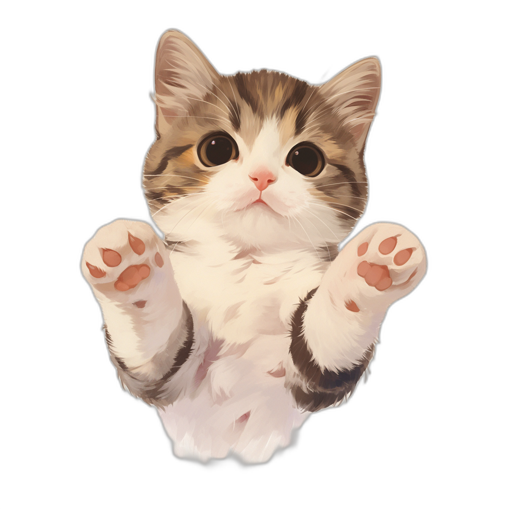 A cute cat sticker with big eyes and paws raised in the air on a black background in the flat illustration style of simple lines and vector art with no shadows, high resolution, high quality, high detail digital painting in a high definition sharp focus isometric view from a top down perspective.