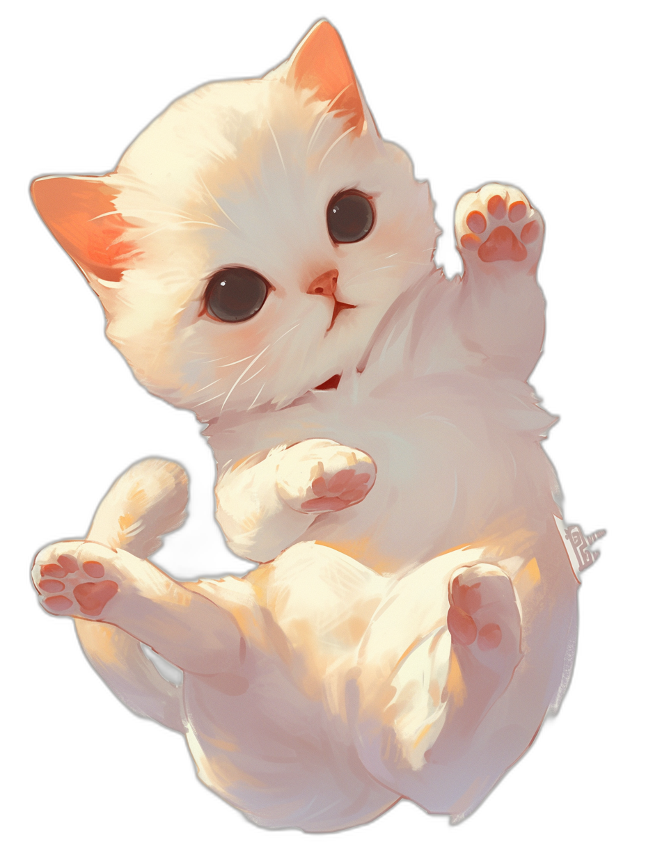 A white cute kitten with big eyes and paws up in the air hanging on a black background, in the cute anime style, vector art, high resolution, high quality, high detail, sharp focus, no blur, digital illustration, high definition, high contrast, bright colors, adorable, cute cat.